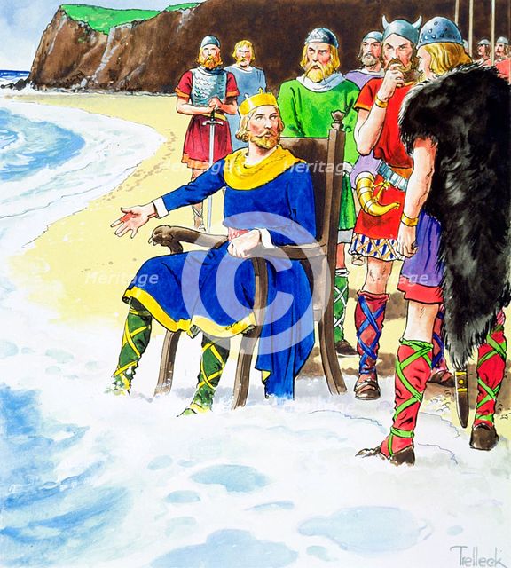 King Canute failing to hold back the waves, early 11th century (c1900). Creator: Trelleek.