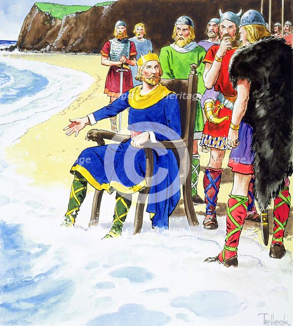 King Canute failing to hold back the waves, early 11th century (c1900). Artist: Trelleek