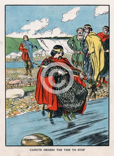 King Canute trying to turn back the tide, early 11th century (early 20th century). Artist: Unknown