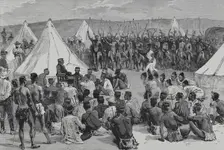 King Cetewayo receiving a deputation of his relatives at Intonyanene, 1883. Creator: Unknown