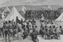 King Cetewayo receiving a deputation of his relatives at Intonyanene, 1883. Creator: Unknown