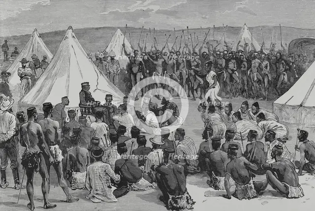 King Cetewayo receiving a deputation of his relatives at Intonyanene, 1883.  Creator: Unknown.