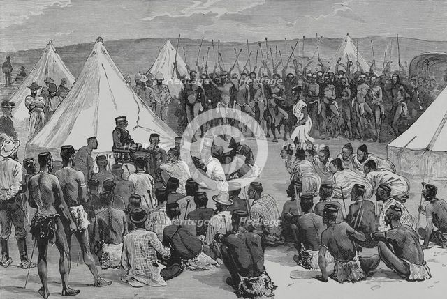 King Cetewayo receiving a deputation of his relatives at Intonyanene, 1883.  Creator: Unknown.
