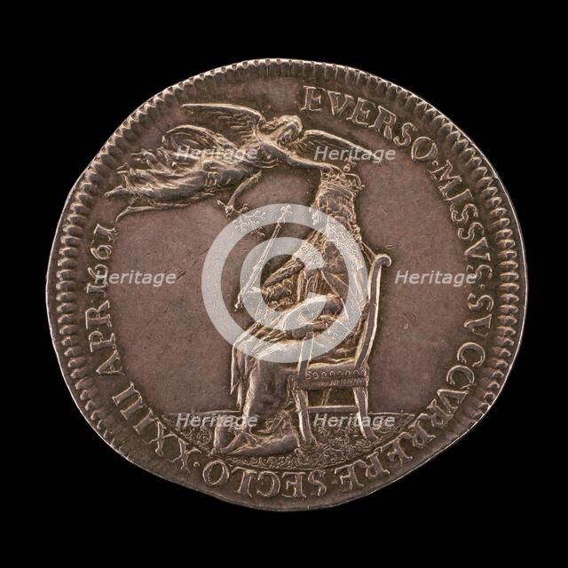 King Charles II Enthroned, being Crowned by Peace [reverse], 1661. Creator: Thomas Simon.