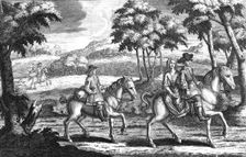 King Charles the 2nd in Disguise rideing before Mrs Lane... (early 18th century). Artist: Michael Vandergucht