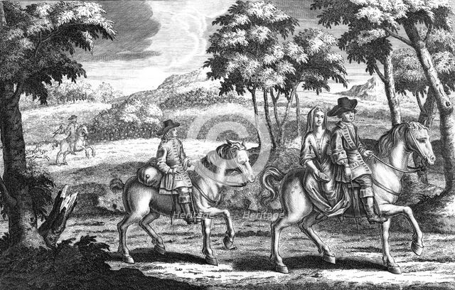 'King Charles the 2nd in Disguise rideing before Mrs Lane...', (early 18th century). Artist: Michael Vandergucht.