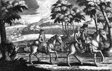 King Charles the 2nd in Disguise rideing before Mrs Lane... (early 18th century). Artist: Michael Vandergucht