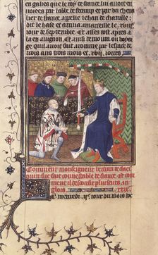 King Charles V of France presenting the sword of Constable of France to Bertrand du Guesclin, c1415. Creator: Workshop of the Boucicaut Master