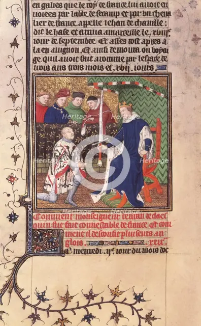 King Charles V of France presenting the sword of Constable of France to Bertrand du Guesclin, c1415. Creator: Workshop of the Boucicaut Master.