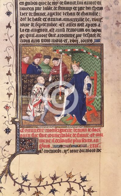 King Charles V of France presenting the sword of Constable of France to Bertrand du Guesclin, c1415. Creator: Workshop of the Boucicaut Master.