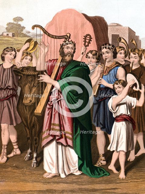 King David playing his harp before the Ark, mid 19th century. Artist: Unknown