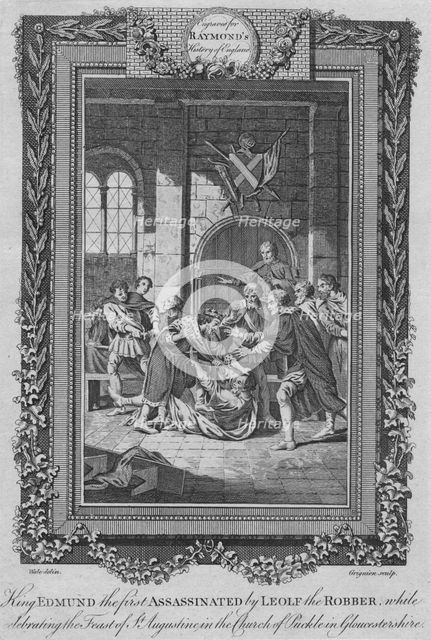 'King Edmund the first Assassinated by Leolf the Robbe', c1787. Artist: Unknown.