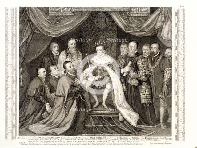 King Edward VI signing a charter, 1552, (1750). Artist: George Vertue