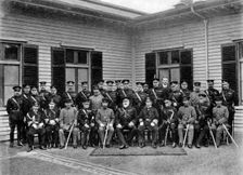 King Edward VII, Prince Fushimi and staff, Aldershot command, 1908-1909.Artist: Gale & Polder