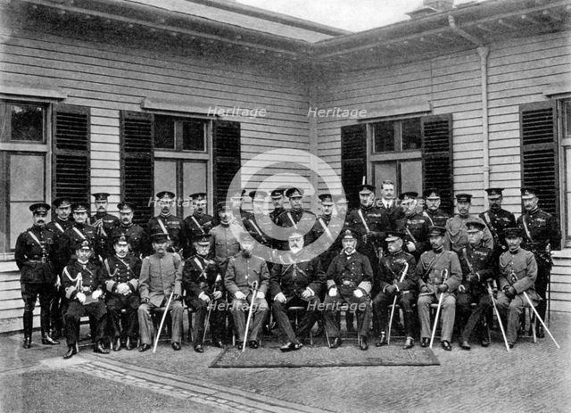 King Edward VII, Prince Fushimi and staff, Aldershot command, 1908-1909.Artist: Gale & Polder