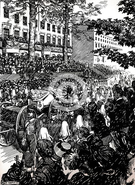 King Edward VII's last journey through London: the funeral cortege in Piccadilly, 1910 (1911). Creator: Byam Shaw.