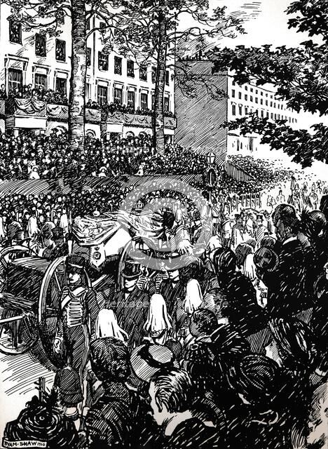 King Edward VII's last journey through London: the funeral cortege in Piccadilly, 1910 (1911). Creator: Byam Shaw.