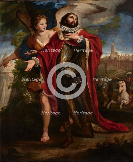 King Ferdinand III the Saint guided by the Angel during the siege of Seville, 1670s. Creator: Gimignani, Ludovico (1643-1697).
