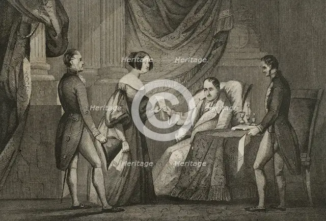 King Ferdinand VII, (1784-1833) hands over Doña María Cristina the Decree of 6 October 1832., 1842. Creator: Unknown.