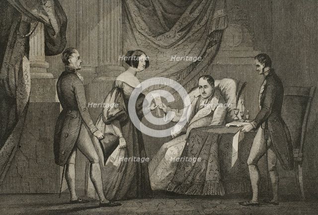 King Ferdinand VII, (1784-1833) hands over Doña María Cristina the Decree of 6 October 1832., 1842. Creator: Unknown.