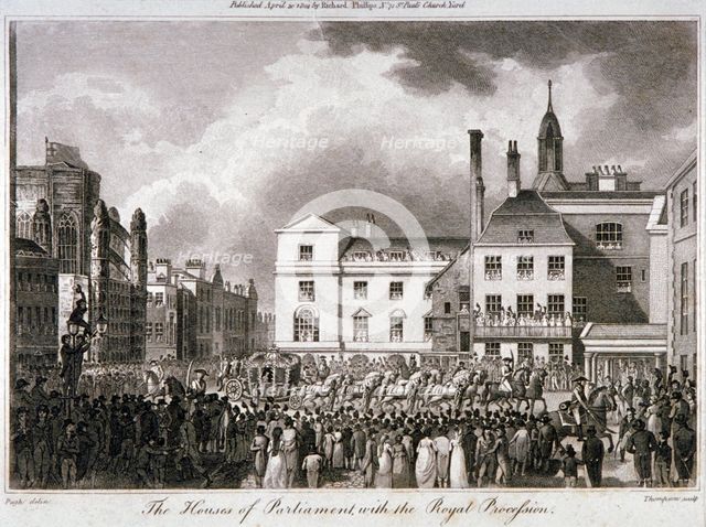 King George III processing through Old Palace Yard, Westminster, London, 1804. Artist: JR Thompson