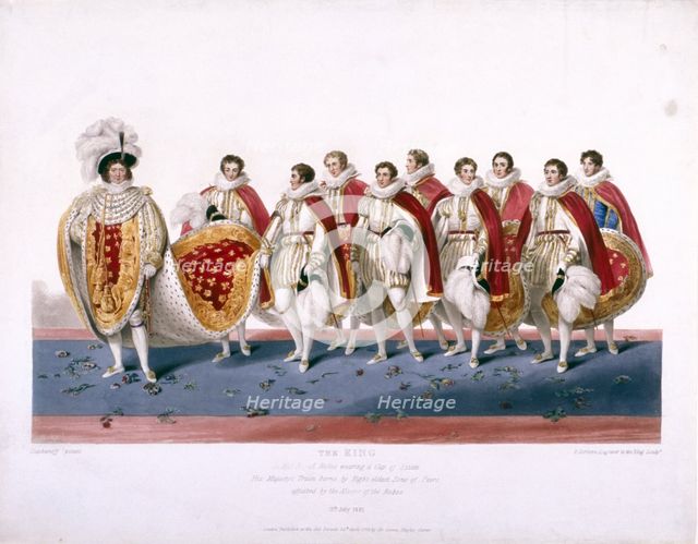 King George IV in his royal robes wearing a cap of estate, 1826. Artist: Edward Scriven
