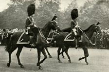 King George Riding With the Late King George V and the Prince of Wales, 1928. 1937. Creator: Unknown