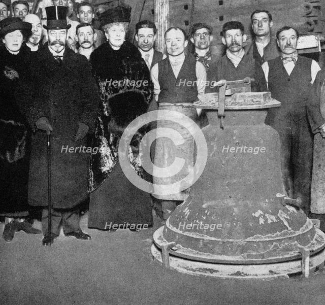 King George with the 'Victory' bell for Westminster Abbey, c1910s-c1920s (1936). Artist: Unknown