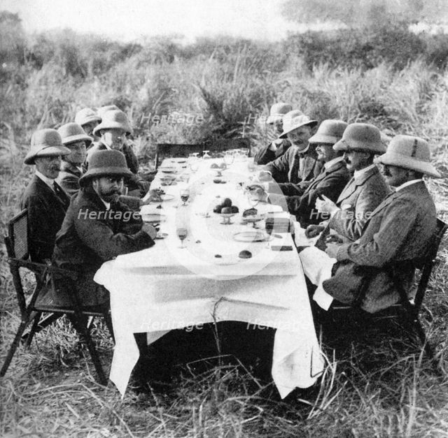 King George V (1865-1936) having lunch after tiger hunting in Nepal, 1911 (1936). Artist: Unknown