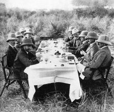 King George V (1865-1936) having lunch after tiger hunting in Nepal, 1911 (1936)