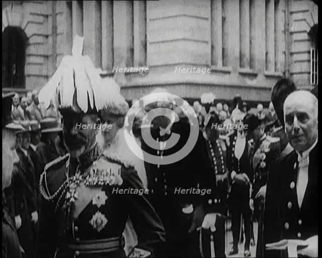 King George V Talking to a British Officer, Queen Mary Can Be Seen Behind Him, 1922. Creator: British Pathe Ltd.