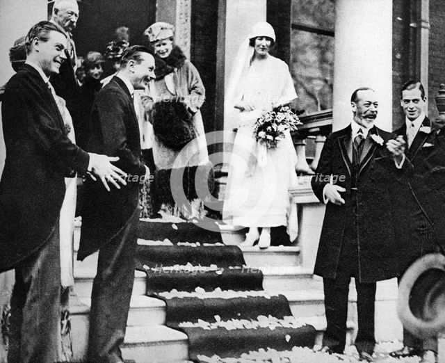 King George V waves good wishes to Princess Maud as she leaves for her honeymoon, 1923. Artist: Unknown
