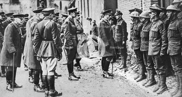 King George V with the 7th Battalion Sherwood Foresters, First World War, March 1918. Artist: Unknown
