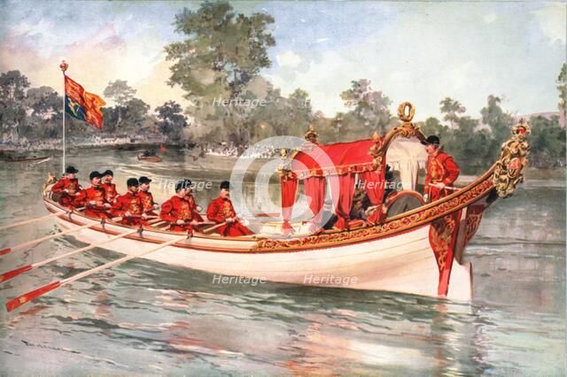King George V and Queen Mary visiting Henly Regatta on the state barge, 1912. Artist: Unknown.