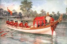 King George V and Queen Mary visiting Henly Regatta on the state barge, 1912