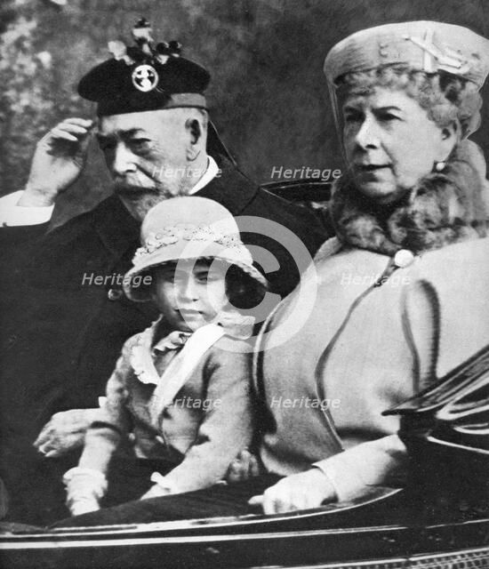 King George V and Queen Mary with Princess Margaret driving to church, Balmoral, c1930s. Artist: Unknown