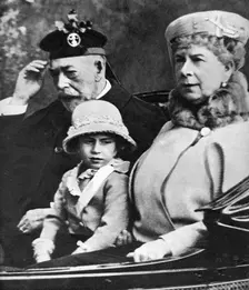 King George V and Queen Mary with Princess Margaret driving to church, Balmoral, c1930s