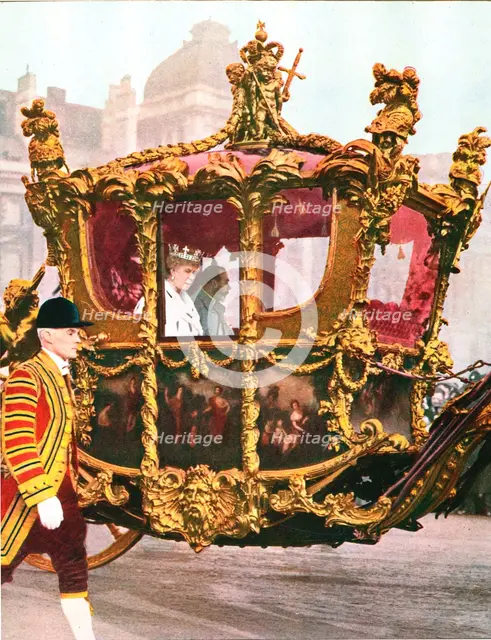 King George V and Queen Mary in the historic State Coach, c1935. Artist: Unknown.
