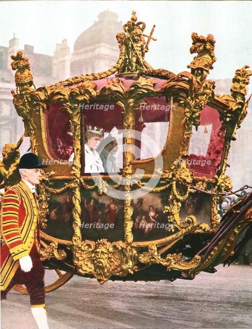 King George V and Queen Mary in the historic State Coach, c1935. Artist: Unknown.