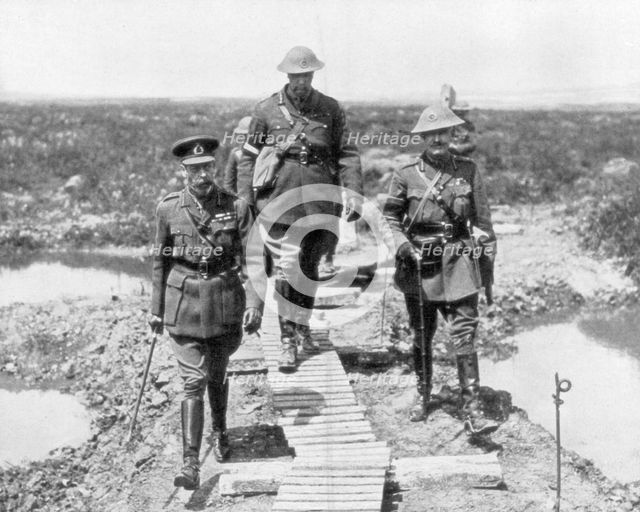 King George V and the Canadian General Currie view the captured ground at Vimy and Messines, 1917. Artist: Unknown