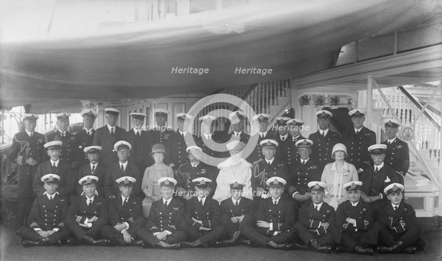 King George V, Queen Mary and crew on board 'HMY Victoria and Albert', 1927. Creator: Kirk & Sons of Cowes.