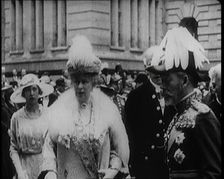 King George V, Queen Mary, and Princess Mary the Princess Royal at a Formal Occasion, 1922. Creator: British Pathe Ltd