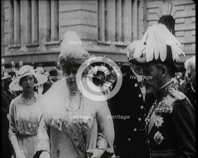 King George V, Queen Mary, and Princess Mary the Princess Royal at a Formal Occasion, 1922. Creator: British Pathe Ltd.