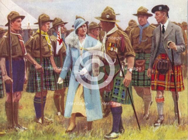 King George VI and Queen Elizabeth inspect scouts at Portree, on the Isle of Skye c1935. Creator: Unknown.