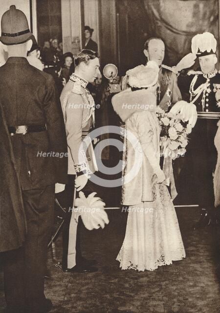 'King George VI and Queen Elizabeth leaving a luncheon in honour of coronation', 1937. Creator: Unknown.