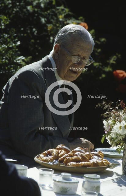 King Gustaf VI Adolf of Sweden on his yearly visit to the Summer Café, Skäret, Arild, Scania, 1973 Artist: Unknown
