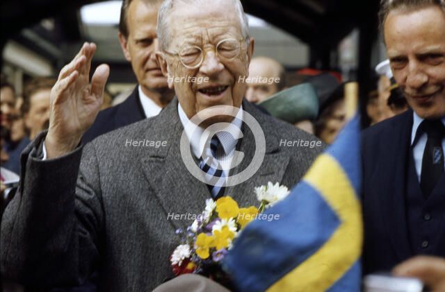 King Gustaf VI Adolf of Sweden arrives in Helsingborg, Scania, 1973. Artist: Unknown