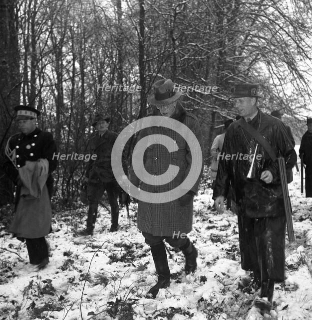 King Gustav V of Sweden hunting on the Övedskloster estate, Scania, Sweden, 1946. Artist: Otto Ohm