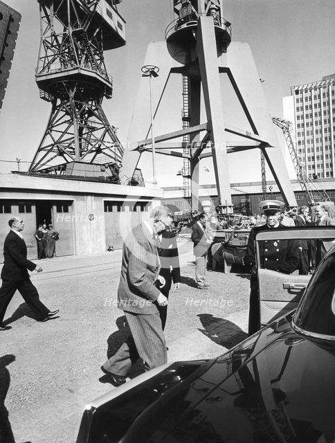 King Gustav VI Adolf visits Kockums shipyard, Malmö, Sweden, 1957. Creator: Unknown.