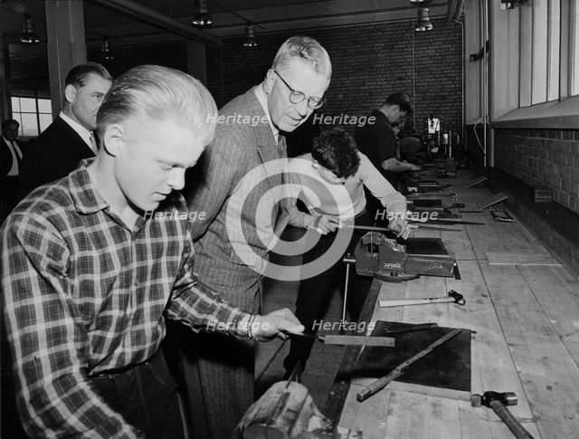 King Gustav VI Adolf visits Kockums shipyard, Malmö, Sweden, 1957. Creator: Unknown.